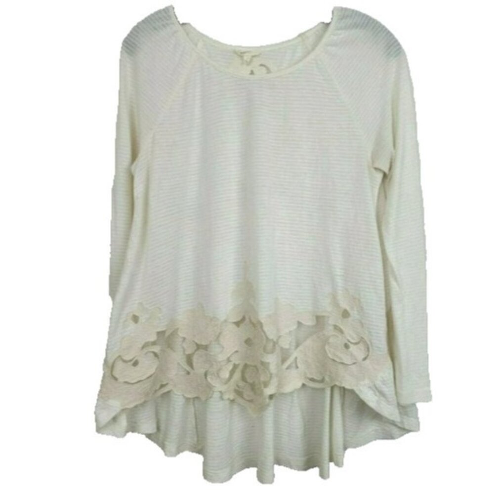 Mystree Womens‎ Fairy BOHO Top Small Ivory Pinstripe Lace High Low Long Sleeve